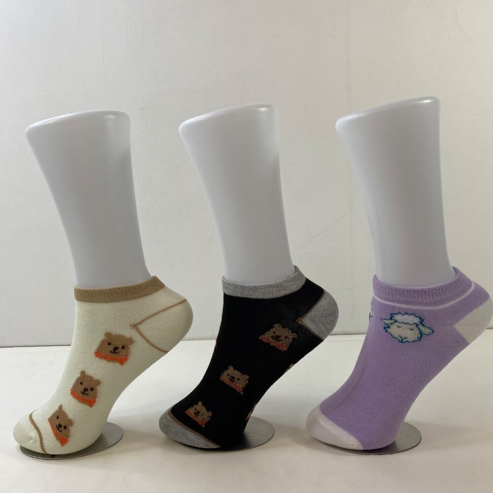 Womens Ankle Socks Set 3 Bear Sheep Prints Cream Black Purple
